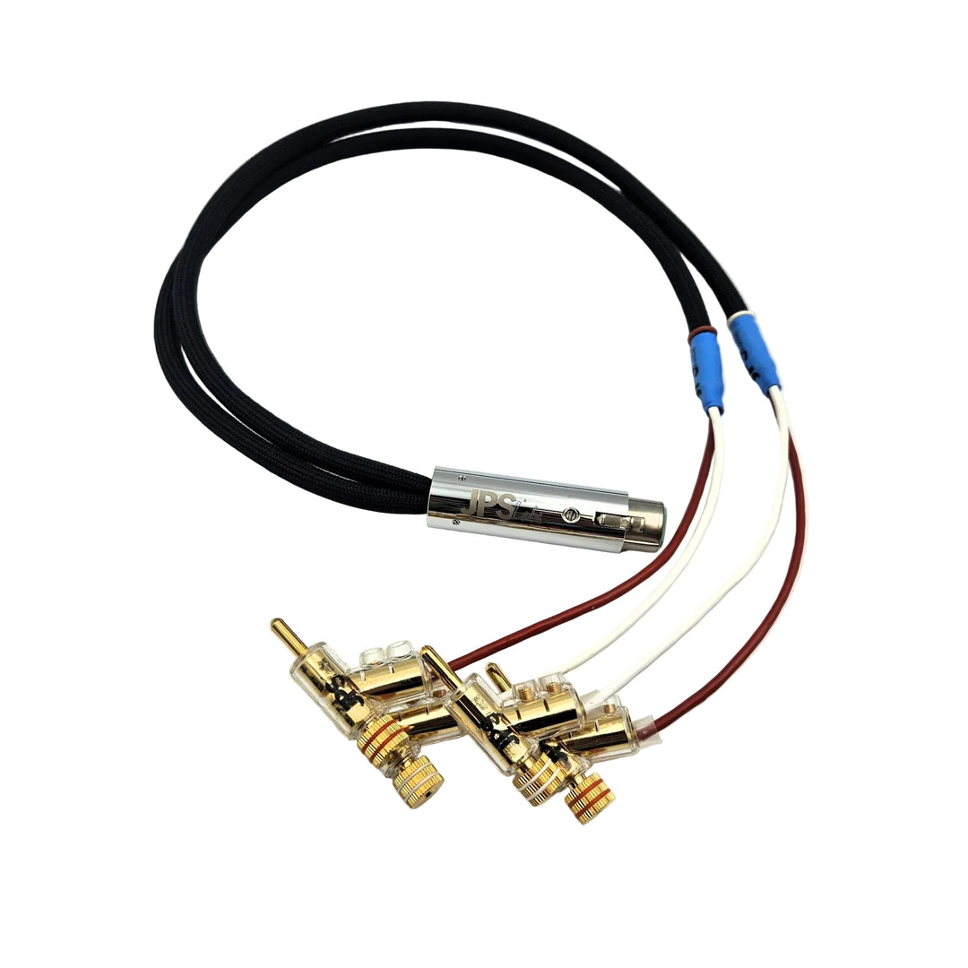 Four male banana speaker cables ends connected in a continuous wire to a female 4Pin XLR Cable