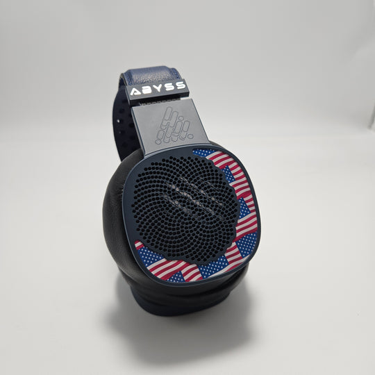 Headphone with American flag design on a gray background